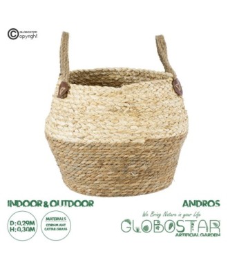 GloboStar® Artificial Garden ANDROS 20317 Διακοσμητικό Πλεκτό Καλάθι - Κασπώ Γλάστρα - Flower Pot Καφέ με Μπεζ Φ29cm x Υ30cm
